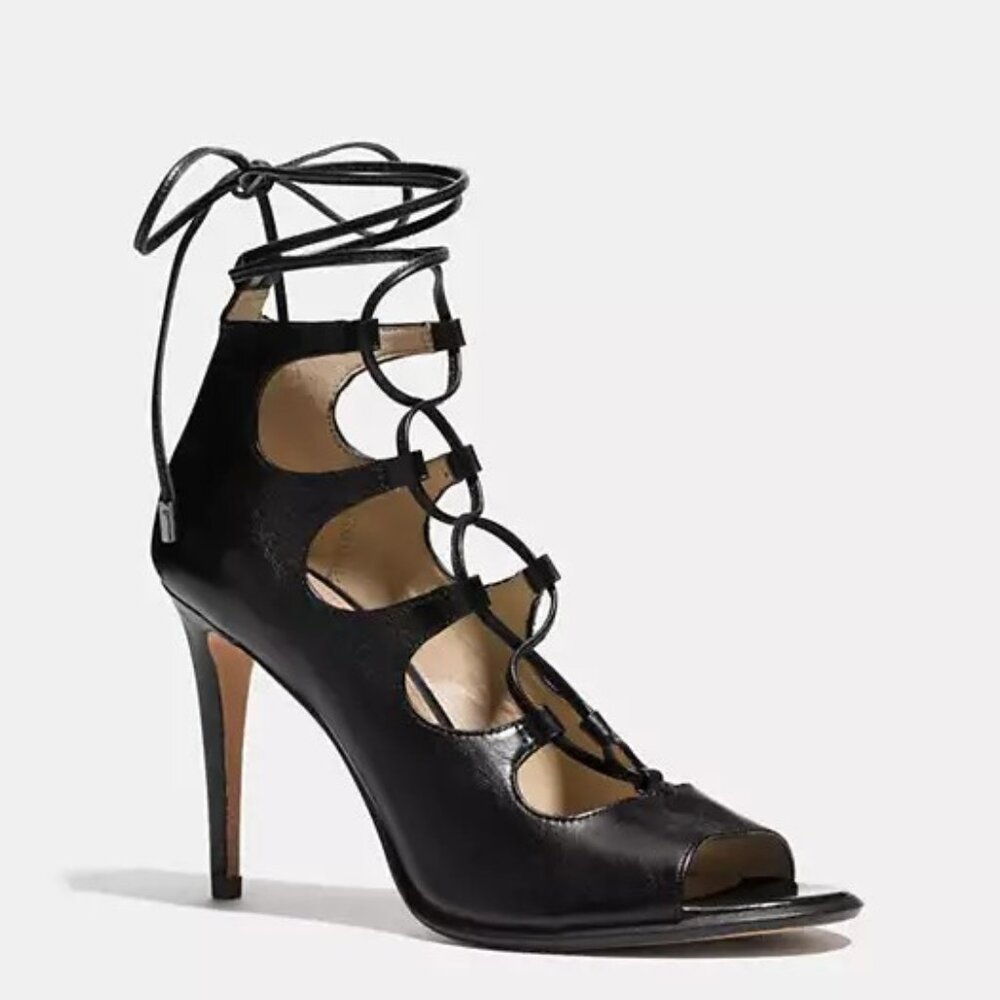 NEW Coach Kira Lace-Up Black Leather Stiletto Heels Gladiator Cocktail Shoes 7